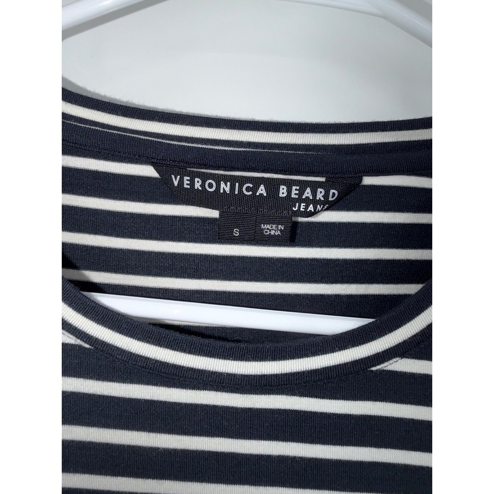 Veronica Beard Jeans Navy White Striped Ruched Padded Shoulder Midi Dress S - Picture 4 of 13